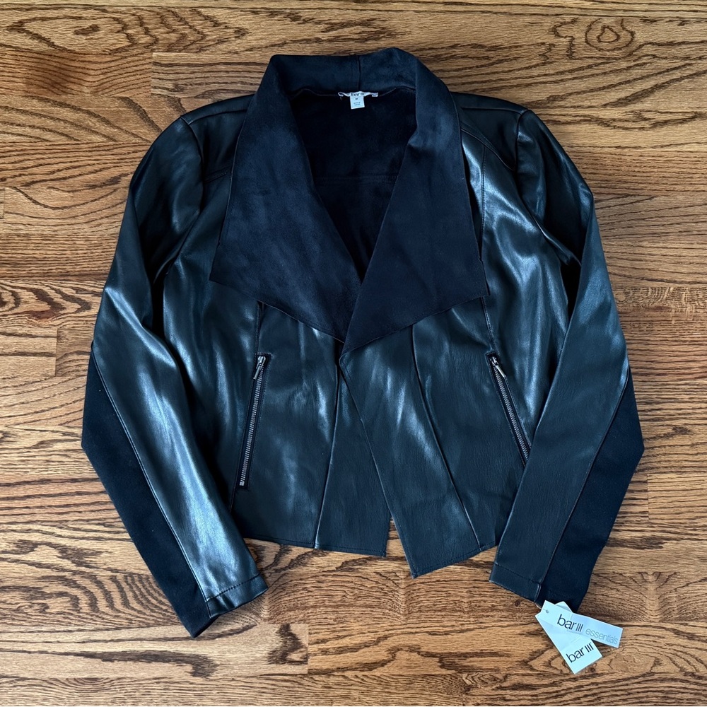 Bar III Black Leather Moto Jacket Sleek Asymmetrical Design